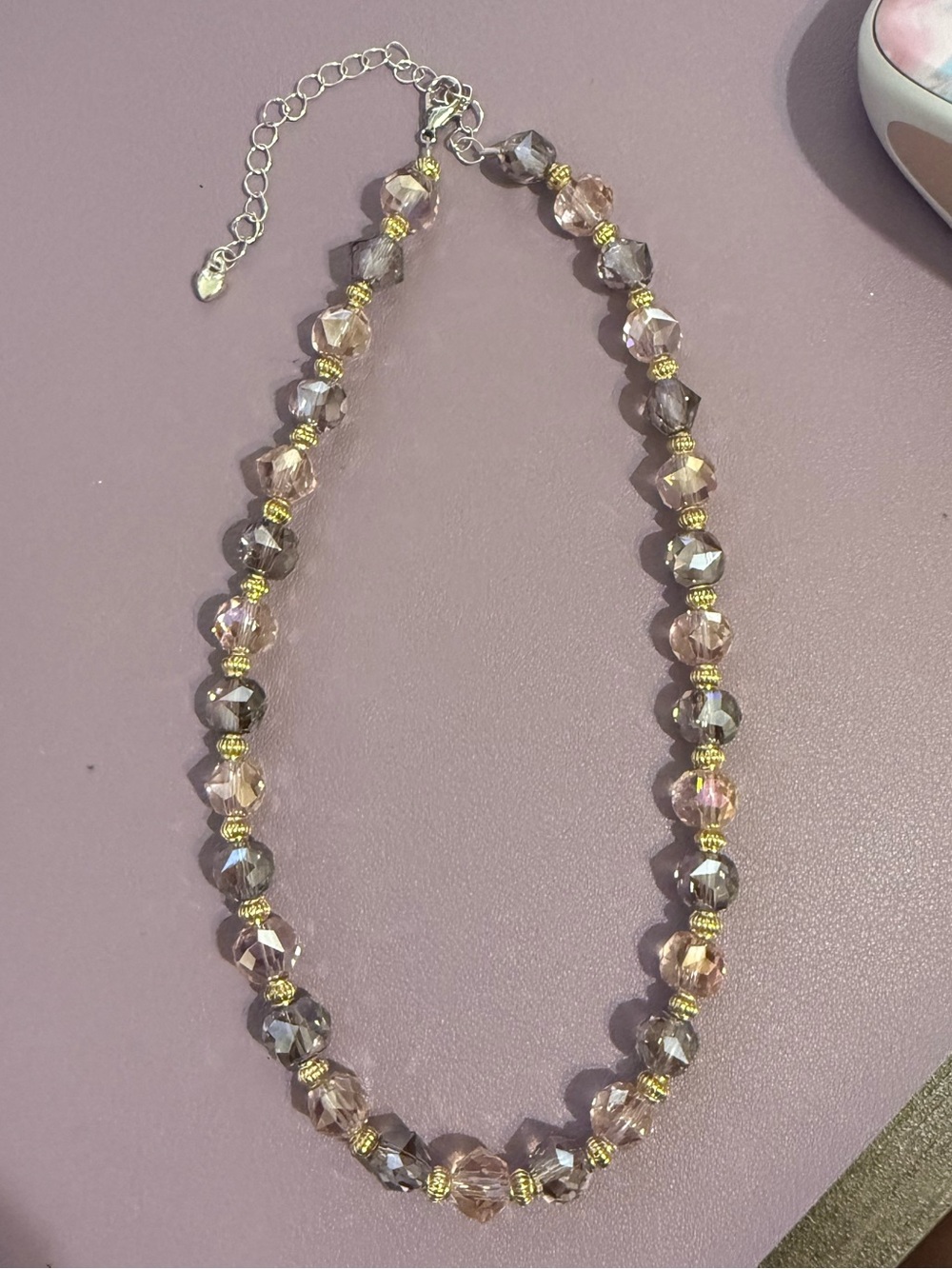 Faceted Crystal Bead Necklace in Pink and Silver with Gold Accents